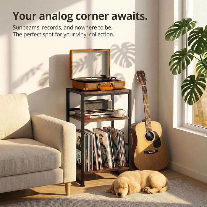 Підставка для програвача платівок, 3-ярусний бічний столик, столик для програвача платівок, до 120 альбомів, столик для вітальні, спальні, вінтажний коричневий (сільський коричневий)