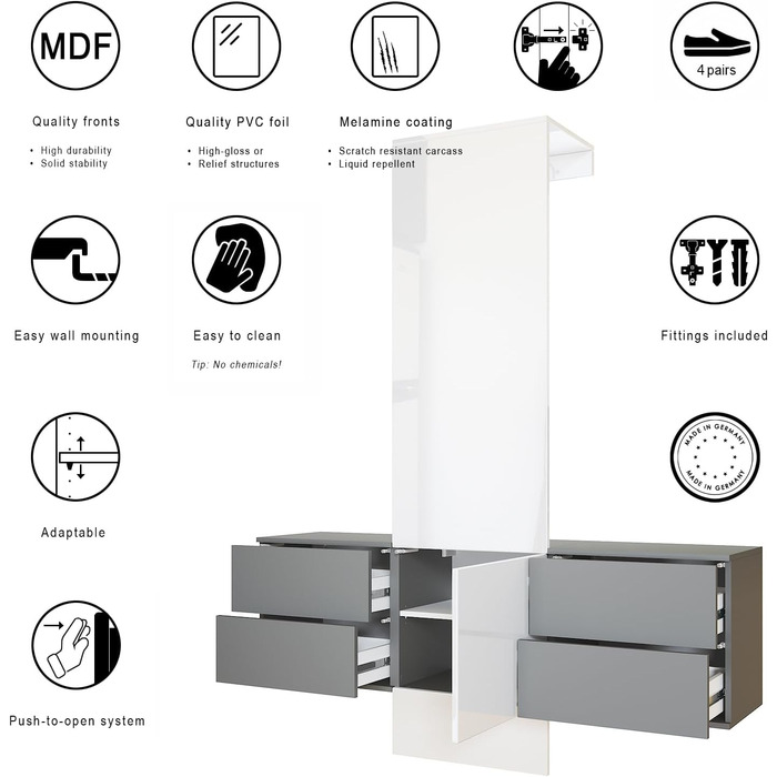 Вішалка для одягу Vladon Carlton Set 3, зроблено в Німеччині, настінна вішалка для одягу, що складається з панелі для передпокою т