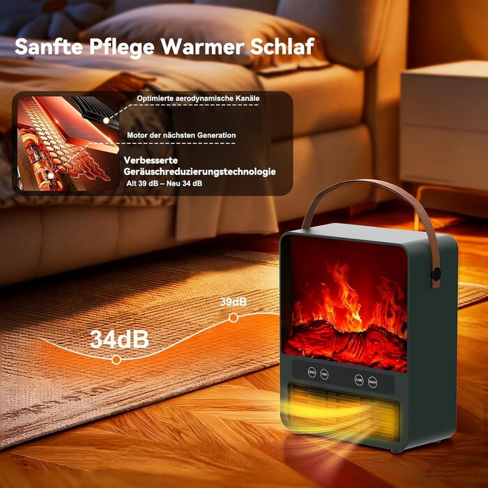 Енергозберігаючий керамічний вентилятор-обігрівач, дизайн каміна 3D ефект полум&39я, електричний нагрів 1500 Вт, 3 режими нагріву, тиха робота 34 дБ, пульт дистанційного керування, невеликий вентилятор-обігрівач для ванних кімнат