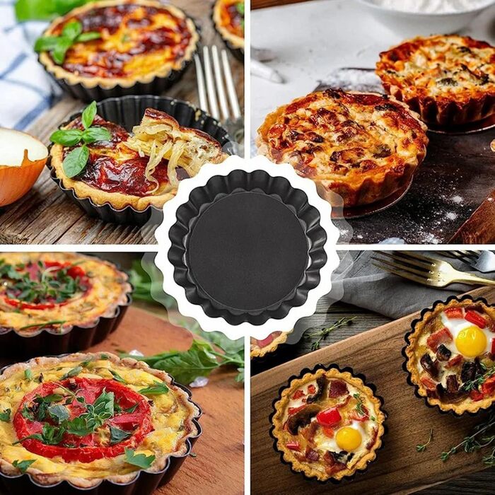 Набір із 4 міні-форм для тарталетків (10 см) з підйомним дном та антипригарним покриттям - Форми для кішу з вуглецевої сталі для тарталеток, мафінів, капкейків, тортів - Форми для випікання багаторазового використання (чорні)