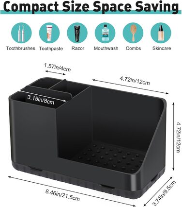 Тримач для зубної щітки для органайзера для ванної кімнати, тримач для електричної зубної щітки зі зливним отвором, знімний органайзер для зубної щітки для ванної кімнати, кухні та сімї (чорний)