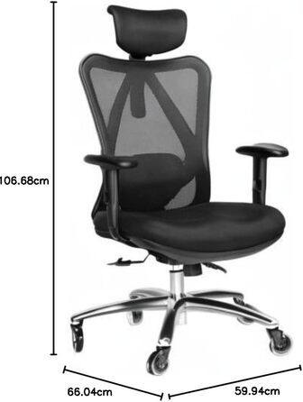 Ергономічне офісне крісло, регульоване робоче крісло з поперековою опорою та роликовими коліщатками, висока спинка, дихаюча сітчаста тканина, товста подушка сидіння, підголівник та підлокітники, чорний колір