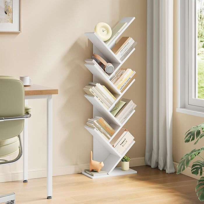 Книжкова полиця EUGAD у формі дерева, окремостояча полиця для CD/DVD з 9 полицями, полиця для зберігання, кутова полиця для спальні, вітальні, 40x127x20 см, білий
