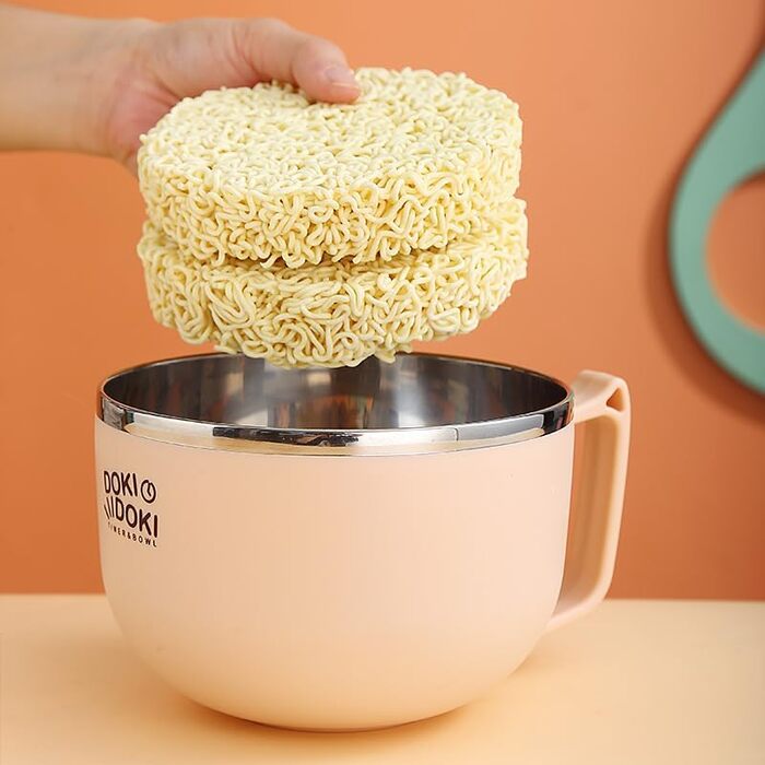 Миска для рамену з кришкою, велика миска для локшини швидкого приготування об&39ємом 1200 мл з таймером, миска для швидкого приготування з нержавіючої сталі 304 для локшини, бенто, обіду (Monkey)