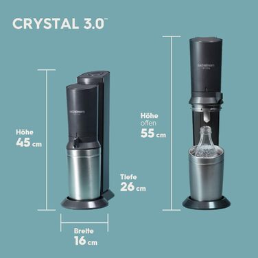 Виробник газованої води SodaStream Crystal 3.0 Quick-Connect CO2 балон і скляний графин, срібло, чорний/титан, 45 см з 1 пляшкою та балоном CO2