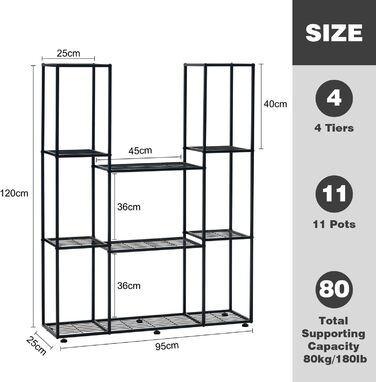 Металева підставка для квітів, 4 яруси, 11 горщиків, підставка для рослин для приміщень/вулиці, водонепроникна, багатоярусна підставка для рослин для саду, балкону, вітальні, двору, чорна, 95x25x120 см