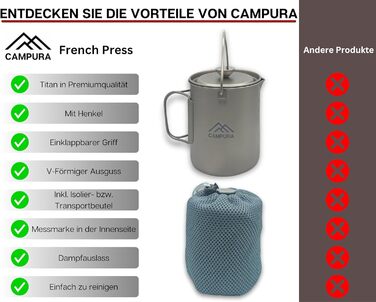 Титанова кавоварка Campura French Press 750 мл - Надлегка та міцна - Точний фільтр, Компактна та термостійка - Кавоварка для кемпінгу, бушкрафту, трекінгу та активного відпочинку - Титановий посуд