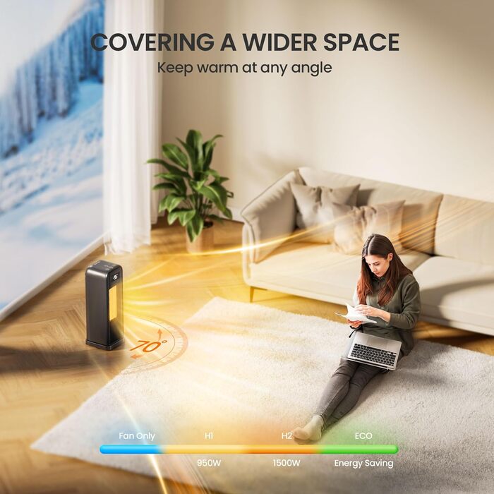 Енергозберігаючий вентилятор-обігрівач, портативний керамічний PTC вентилятор-обігрівач потужністю 1500 Вт, тихий, коливальна панель 70, 12-годинний таймер, захист від перегріву та перекидання, сумісний з Alexa та Google Assistant, чорний, 4 режими, 40 см
