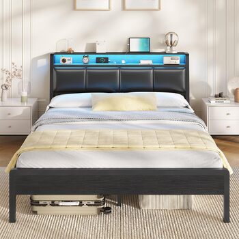 Ліжко 140 x 200, ліжко зі світлодіодним підсвічуванням, м&39яке ліжко 140x200, зарядна станція, каркас ліжка з рейковою основою, для спальні, гостьової кімнати, чорний 140 x 200 см