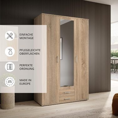 Елегантна 3-дверна шафа з великою кількістю місця для зберігання - Багатофункціональна шафа, дуб сонома, з дзеркальними дверима - 120 x 195 x 55 см, дуб сонома, 3-дверна, одинарна
