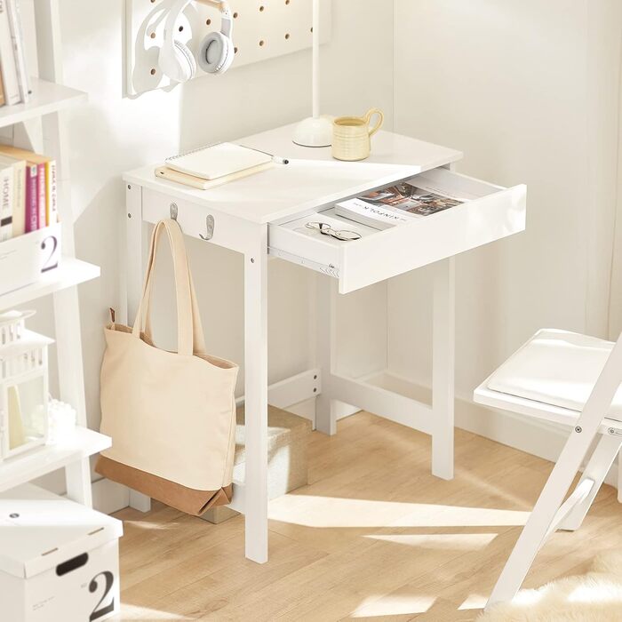 Компактний комп&39ютерний стіл SoBuy з 1 шухлядою та 2 гачками, невеликий столик для домашнього офісу, робочий стіл, меблі для ПК, для навчання, білий колір, 60x77x40 см, FWT43-W