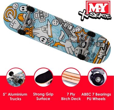 Для початківців, скейтборд для дітей, підлітків та дорослих, 7-шарова кленова дека, підшипники ABEC 7 для трюків та скейтпарків, Blaue Skizze, 31&39&39 Double Kick