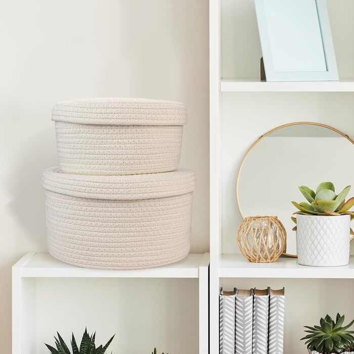 Набір із 2 круглих кошиків для зберігання з бавовняного шнура з кришками, маленьких плетених кошиків з кришками, декоративних полиць-кошиків для іграшок та косметики (28 x 16,5 см/23 x 12,5 см, білий)