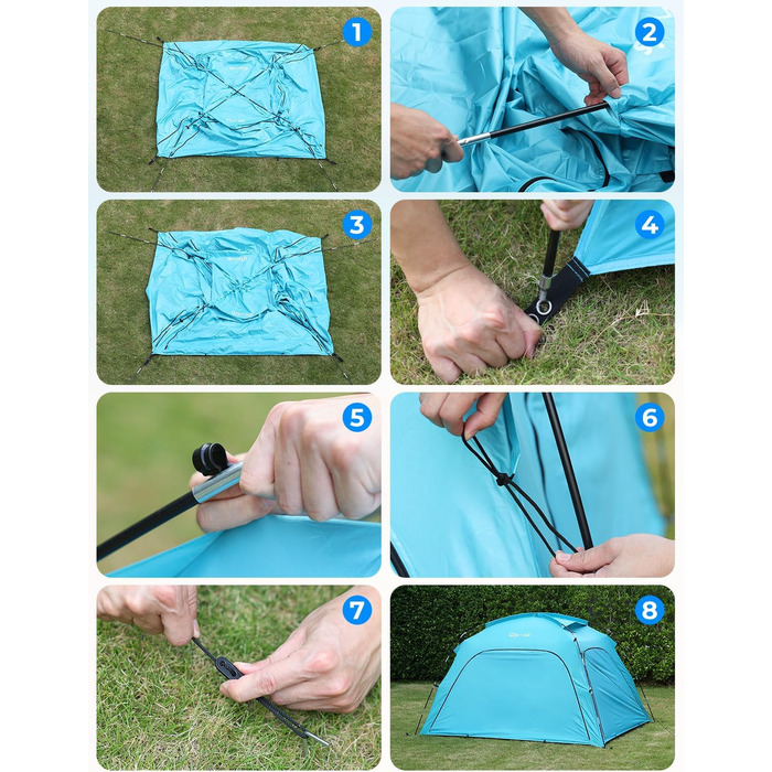 Пляжний намет Glymnis Beach Shelter з 4 дверима на блискавці та сітчастими дверима, захист від ультрафіолету UPF50, вітронепроникний, невеликий розмір у упаковці, пляжний намет для 3-4 осіб, синій