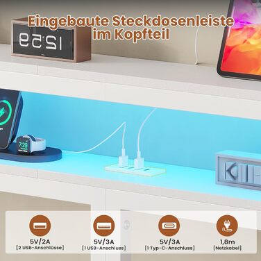 Плаваючий каркас ліжка 140x200 зі світлодіодним освітленням та зарядною станцією, Плаваючий каркас ліжка з узголів&39ям для зберігання, Металеве ліжко з металевою рейковою основою, Гостьове ліжко, Двоспальне ліжко, Дитяче ліжко - без матраца, 140 x 200 см