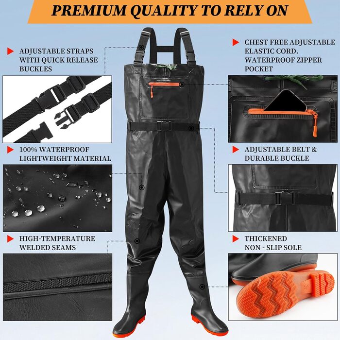 Вейдерси Eiito для чоловіків та жінок, водонепроникні вейдерси для чоловіків, водонепроникні вейдерси для чоловіків з черевиками, міцні водонепроникні рибальські вейдерси з черевиками для риболовлі, ідеальні вейдерси для ставка та використання на природі,