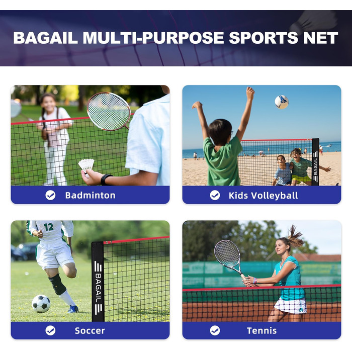 Портативний комплект спортивної сітки BAGAIL 3 в 1 (Бадмінтон, Теніс, Волейбол), 3 м, Червоний/Чорний, Регульована висота, Зі складною підставкою та сумкою