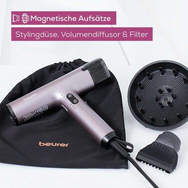 Фен Beurer HC 100 Excellence, фен з потужним цифровим двигуном, сушить на 20 швидше, легка вага, особливо тихий, іонна функція для