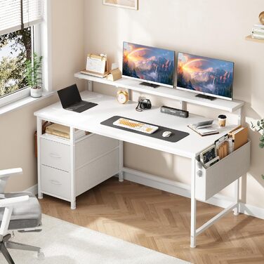 Письмовий стіл 120x48 см з 2 шухлядами, пропонує місце для зберігання, комп&39ютерний стіл, ігровий стіл з підставкою для монітора, 2 гачки для зберігання, відділення для організації кабелів, підходить для працівників з дому та геймерів, білий 120x48 см