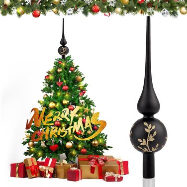 Скляна новорічна верхівка для ялинки 26 см чорна-золотиска Hukermoon