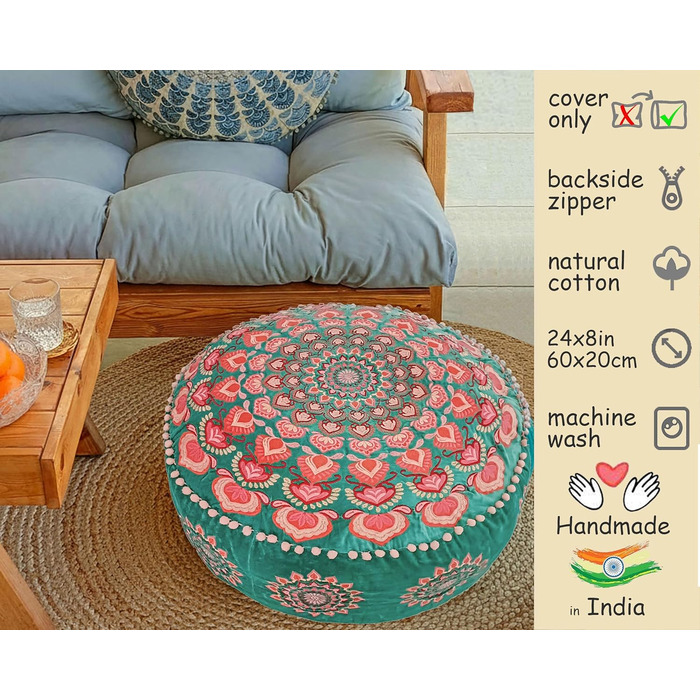 Бірюзовий круглий пуф-пуф з оксамитовою вишивкою Мяка вишита підлогова подушка з марокканським візерунком, діаметром 60 см, ідеально підходить для вітальні, спальні або кімнати для медитації. Бірюзовий колір 59Г x 59Ш x 20В см