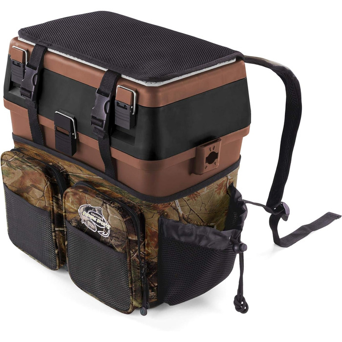 Рибальський ящик-сидіння, ящик для кількох приманок, ящик для сидіння та снастей з системою ременів для перенесення - включаючи 4 пластикові ящики, колір камуфляж-мисливський