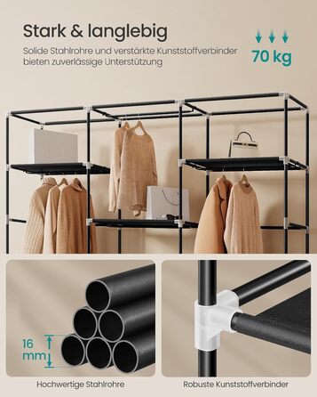 Шафа, Тканинна шафа для спальні, Шафа з вішалкою для одягу, Полиці, Бічні кишені, Велика, 4 відділення для вішалок, 45 x 189 x 180 см, Чорний RYG011BZ02 189B см