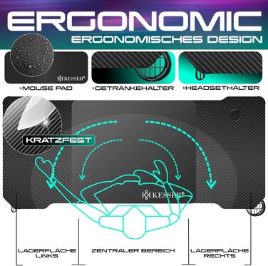 Ігровий стіл KESSER зі світлодіодним освітленням, 160 см x 60 см Z-подібний ігровий стіл Кріплення для навушників та вуглецеве покриття Ергономічний комп&39ютерний стіл Міцний стіл з підсклянником, чорний, 160 x 60 см, вуглецеве покриття зі світлодіодним 