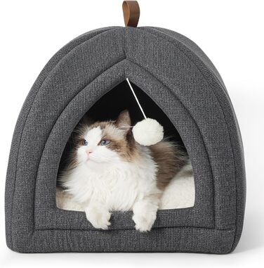 Котяче ліжко BEDSURE для великих котів, котяча печера - 40x40x40 см для приміщень зі знімною подушкою для котів шерпа та підвісною іграшкою, котяче ліжко, яке можна прати, темно-сіре