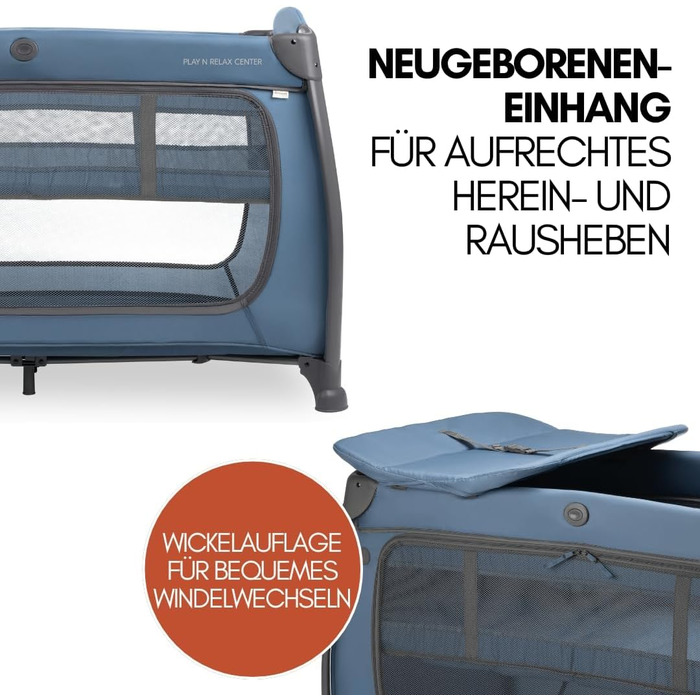 Дитяче ліжечко Hauck для подорожей Play N Relax Center з комфортним матрацом та захистом від комах - Дитяче ліжечко для подорожей з вкладишем для новонароджених, пеленальний килимок та сумка (регульована висота та складається) - темно-синій колір з передн