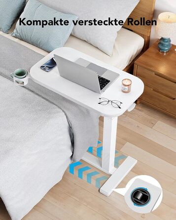 Журнальний столик HUANUO з колесами, регульований по висоті бічний столик зі стільницею 70 x 40 см, мобільний пневматичний невеликий столик для ноутбука з підставкою для чашок для домашнього офісу, білий 70 x 40 см