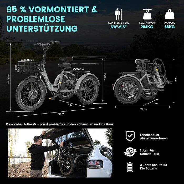 Складаний електровелосипед MOONCOOL, 20-дюймовий електровелосипед для чоловіків та жінок з акумулятором 36 В 20 Аг, двигуном 250 Вт, РК-дисплеєм, швидкістю 25 км/год, запасом ходу 167 км, IP65, 45 м/год електровелосипед з великими кошиками, сланцево-сірий