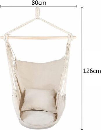 Підвісне крісло LEADZM для вулиці - бавовна з 2 подушками, вантажопідйомність 100 кг, підвісне крісло для саду, балкону, тераси - для використання в приміщенні та на вулиці - 80 x 126 см, бежевий