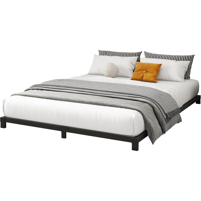 Ліжко-платформа з металу, каркас ліжка 140 x 200 см, низьке металеве ліжко з металевою рейковою основою, сучасне металеве ліжко для дорослих, дітей, підлітків, легке складання, двоспальне ліжко, чорне, висота 12 см, 140 x 200 см, чорне (низьке)