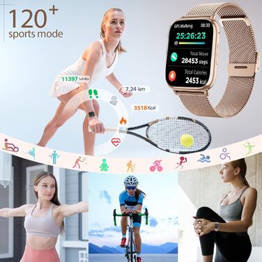 Жіночий смарт-годинник 1,83 дюйма з HD-сенсорним екраном, функцією телефону, фітнес-трекером, понад 120 спортивними режимами, серцевим ритмом, SpO2, вимірюванням артеріального тиску, IP68, монітором сну, смарт-годинник для iOS та Android (рожеве золото)