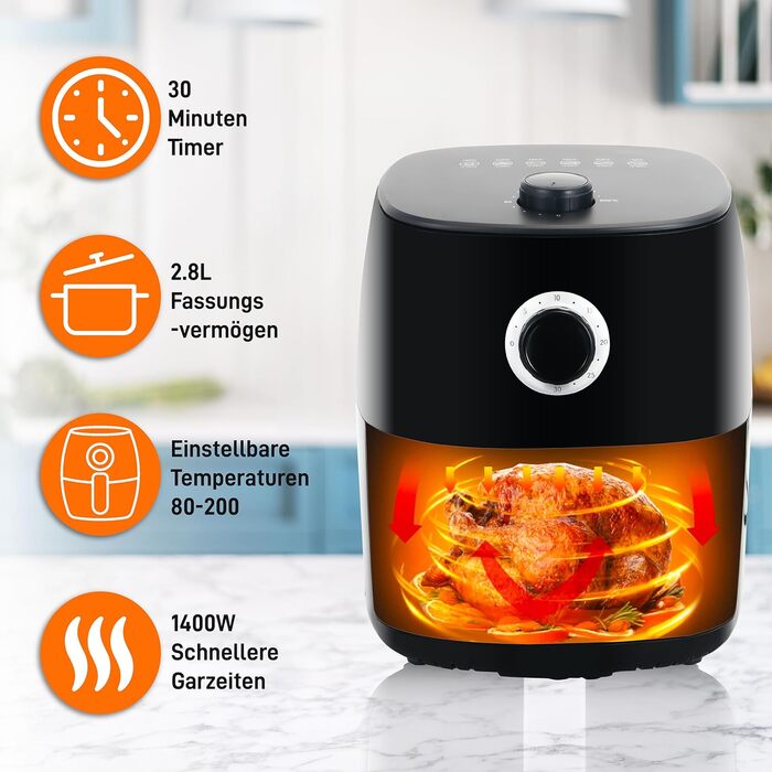 Головна Тенденції Міні-фритюрниця з програмованим регулюванням температури, 1400 Вт, таймер на 30 хвилин, смаження без олії, контейнери з антипригарним покриттям, які можна мити в посудомийній машині, і легко чиститься чорний (2.8 л)