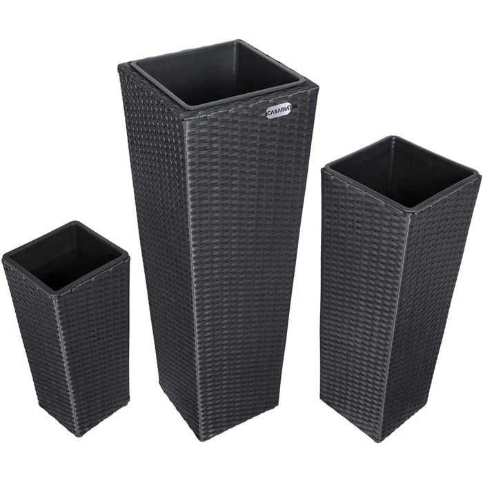 Набір із 3 квіткових горщиків Casaria, плетіння з поліратану, кашпо з водостічкою, вигляд ротанга, садове горщик для вулиці, квіткова коробка, чорний