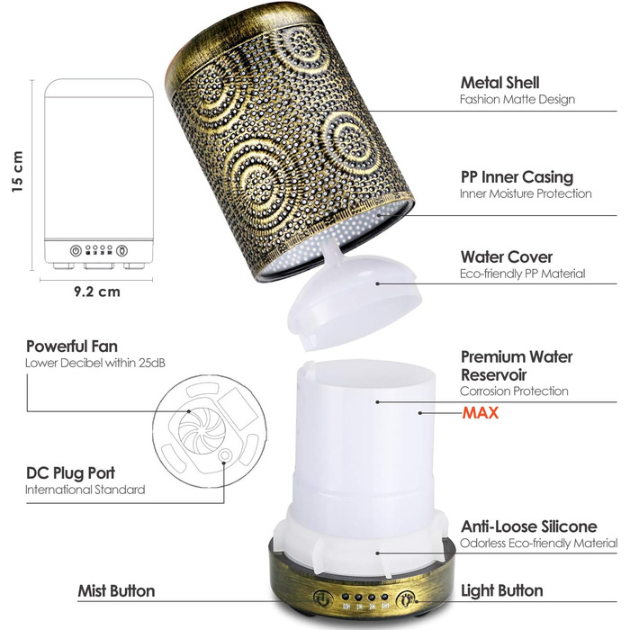 Зволожувач повітря зволожувач аромадифузор, металевий дифузор ручної роботи для ефірних масел, автоматичне вимкнення, 7 кольорів,