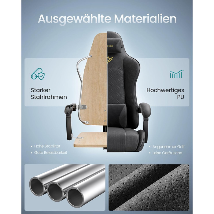 Ігрове крісло SONGMICS, офісне крісло, стілець для роботи, ергономічне ігрове крісло, пружинна подушка сидіння, підставка для ніг, підлокітники з синхронним механізмом, чорний колір OBG079B01