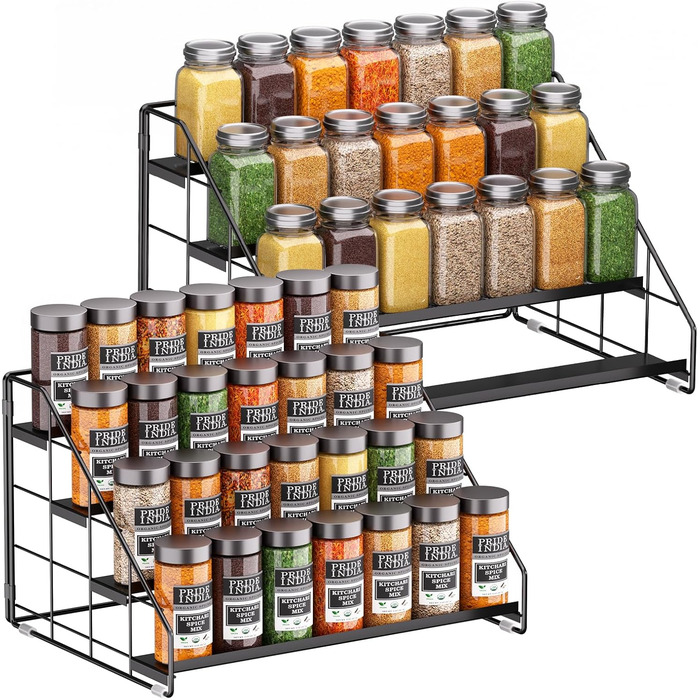 Рівнева підставка для спецій, не потребує свердління, регульована підставка для спецій, шафа-органайзер для спецій, зберігання спецій для кухні, стільниці, комори (чорна, в упаковці 23 см x 36 см x 6,5 см), 4-