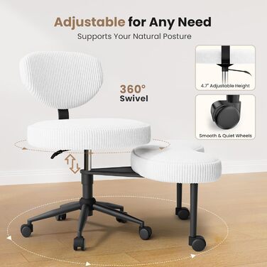 Офісний стілець зі схрещеними ніжками, поворотний на 360, ергономічний стілець для коліна, хрестоподібний офісний стілець з регульованою висотою, стілець для медитації з СДУГ та спинкою, вельветова тканина, білий ребристий вельвет