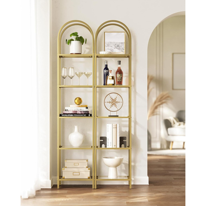 Полиця VASAGLE, 5-ярусна книжкова полиця, окремостояча полиця із загартованого скла, арочна полиця для зберігання, металевий каркас, для вітальні, спальні, кабінету, ванної кімнати, металеве золото-прозоре LGT501A01 30,2 x 40 x 183,5 см металеве золото пр