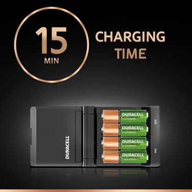 Зарядний пристрій Duracell з 4 годинами роботи, та акумуляторними батареями Ultra HR6DX1500 з низьким саморозрядом (2500 мАг), 4 шт., батарейки типу АА для перезаряджання, 4 шт.