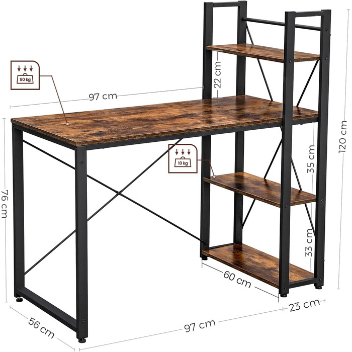 Письмовий стіл VASAGLE, комп&39ютерний стіл з полицями праворуч або ліворуч, офісний стіл шириною 120 см, для навчання, домашнього офісу, легке складання, вінтажний коричнево-чорний LWD48 шт. 120B см вінтажний коричневий чорний