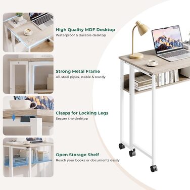 Розкладний стіл Dripex 80x50 см, компактний стіл, складний комп&39ютерний стіл з місцем для зберігання та колесами, невеликий розкладний комп&39ютерний стіл для домашнього офісу/кабінету (дуб)