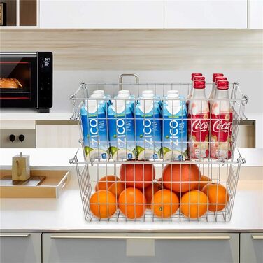 Кошик для зберігання в морозильній камері SANNO, штабелюється, для комори, зберігання та організації, штабелюється, контейнери для зберігання картоплі та цибулі, металеві кошики для зберігання, 4 шт. 40 см (Д) x 24 см (Ш) x 16 см (В), хром