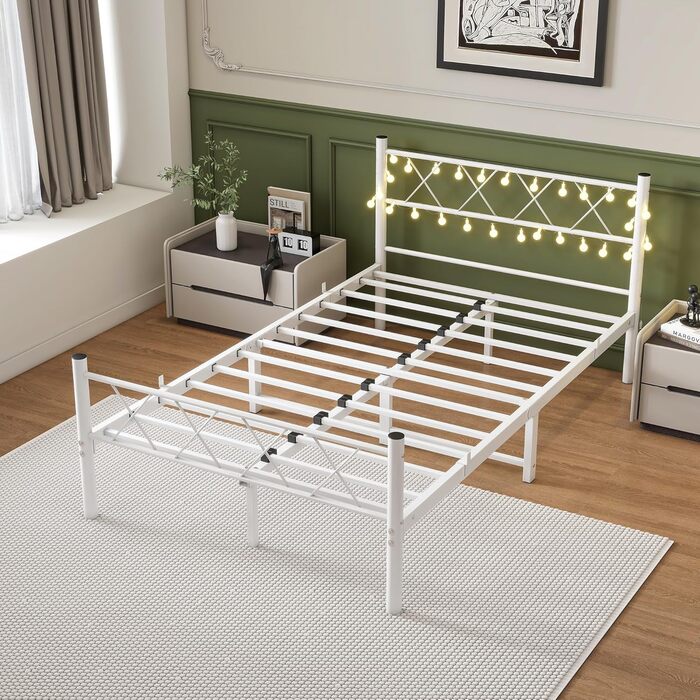 Каркас ліжка HOJINLINERO 120x200 з підсвічуванням, Ліжко 120x200 з рейковою основою, Металевий каркас ліжка, Металеве двоспальне ліжко, Гостьове ліжко, Дитяче ліжко з місцем для зберігання під ліжком для спальні, Біле