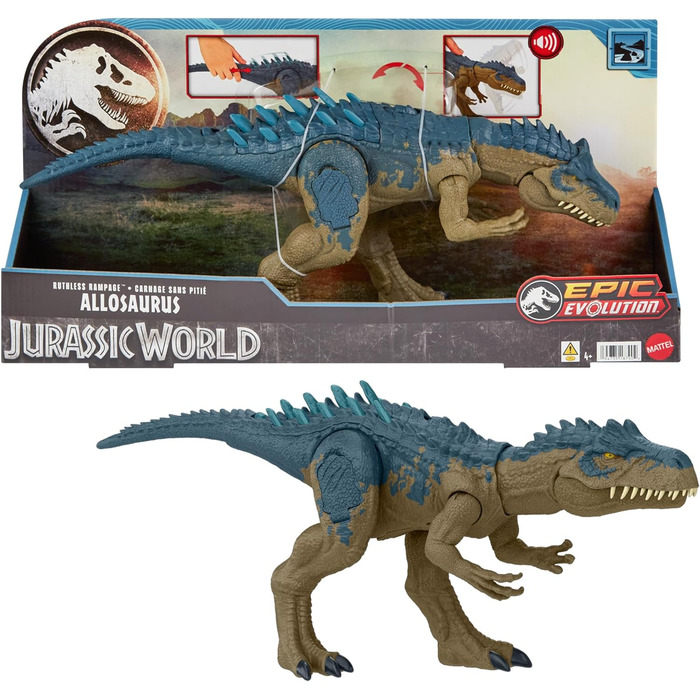 Іграшка-динозавр Mattel Jurassic World Ruthless Rampage Allosaurus, фігурка динозавра з безперервними кусючими атаками, ревучими з