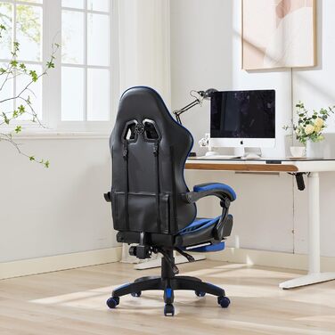 Ергономічне ігрове крісло з поворотом на 360, шкіряне офісне крісло з високою спинкою та регульованою висотою, з підставкою для ніг, підголівником та поперековою опорою для офісу та ігор (чорний синій)