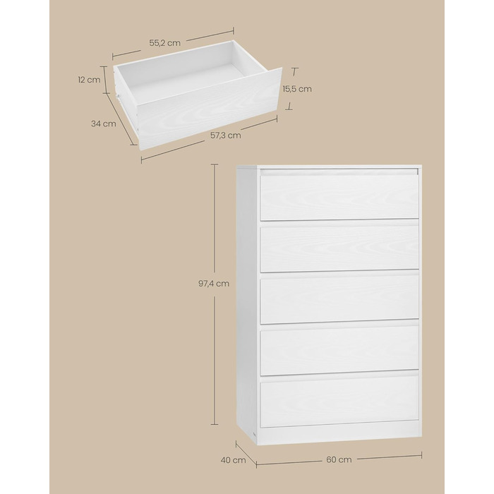 Комод VASAGLE з 5 шухлядами, комод, шафа з шухлядами, комод для білизни, для спальні, 40 x 60 x 97,4 см, колекція Modern Kailyn, білий LTS605WE01, 5 шухляд (60Ш см)